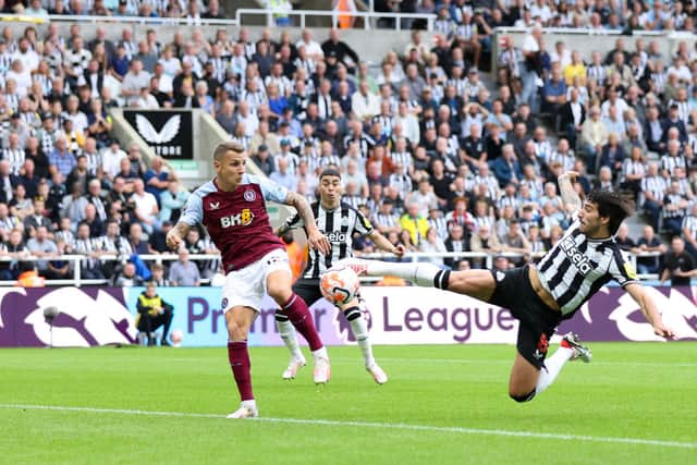 Sandro Tonali scores Newcastle United’s opening goal of the Premier League season. 