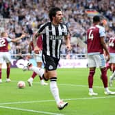 Sandro Tonali celebrates scoring his first goal for Newcastle United against Aston Villa.