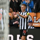 Harvey Barnes of Newcastle United celebrates with teammates after scoring the team's fifth goal during the Premier League match between Newcastle United and Aston Villa at St. James Park on August 12, 2023 in Newcastle upon Tyne, England. (Photo by Stu Forster/Getty Images)