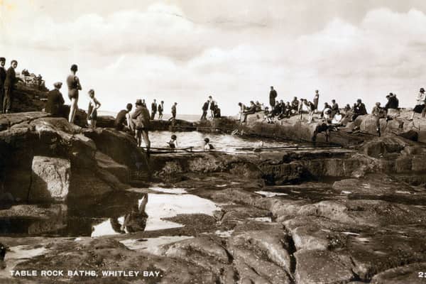 Postcard of the Table Rock Baths, Whitley Bay, c1937 (T The postcard is addressed to Mr H.H. Atkinson, 103 Canterbury Rd, Leyton, London E10 and postmarked 19 July 1937. The message has been transcribed below exactly as written:  “Dear Dad,  Hope you are keeping well. Weather not so sunny but it has not rained at all,  Edmund”.