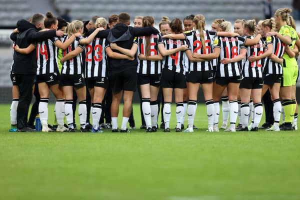 Newcastle United players huddle following the pre-season friendly match between Newcastle United Women and West Bromwich Albion Women at St James' Park on August 05, 2023 in Newcastle upon Tyne, England. (Photo by George Wood/Getty Images)