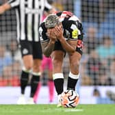 Bruno Guimaraes of Newcastle reacts during the Premier League match between Manchester City and Newcastle United at Etihad Stadium on August 19, 2023 in Manchester, England. 