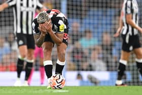 Bruno Guimaraes of Newcastle reacts during the Premier League match between Manchester City and Newcastle United at Etihad Stadium on August 19, 2023 in Manchester, England. 