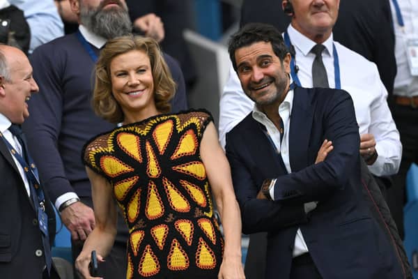 Owners of Newcastle United, Amanda Staveley and Mehrdad Ghodoussi are seen during the Premier League match between Manchester City and Newcastle United at Etihad Stadium on August 19, 2023 in Manchester, England. (Photo by Stu Forster/Getty Images)
