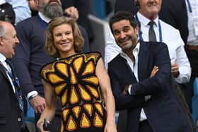 Owners of Newcastle United, Amanda Staveley and Mehrdad Ghodoussi are seen during the Premier League match between Manchester City and Newcastle United at Etihad Stadium on August 19, 2023 in Manchester, England. (Photo by Stu Forster/Getty Images)