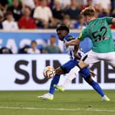 Tariq Lamptey of Brighton & Hove Albion and Jay Turner-Cooke of Newcastle United battle for the ball  during the Premier League Summer Series match between Brighton & Hove Albion and Newcastle United at Red Bull Arena on July 28, 2023 in Harrison, New Jersey. 