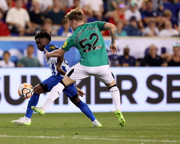 Tariq Lamptey of Brighton & Hove Albion and Jay Turner-Cooke of Newcastle United battle for the ball  during the Premier League Summer Series match between Brighton & Hove Albion and Newcastle United at Red Bull Arena on July 28, 2023 in Harrison, New Jersey. 