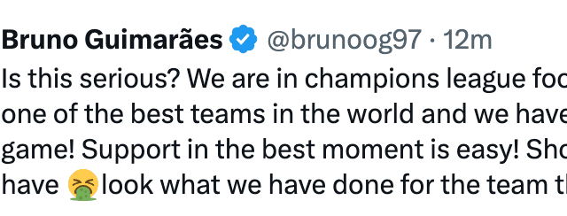 Newcastle United midfielder Bruno Guimaraes has now deleted his tweet. 