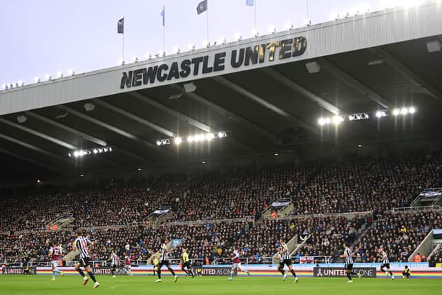 A general view of the action with the rainbow laces advertising hoardings during the Premier League match between Newcastle United and Aston Villa at St. James Park on October 29, 2022 in Newcastle upon Tyne, England. (Photo by Stu Forster/Getty Images)