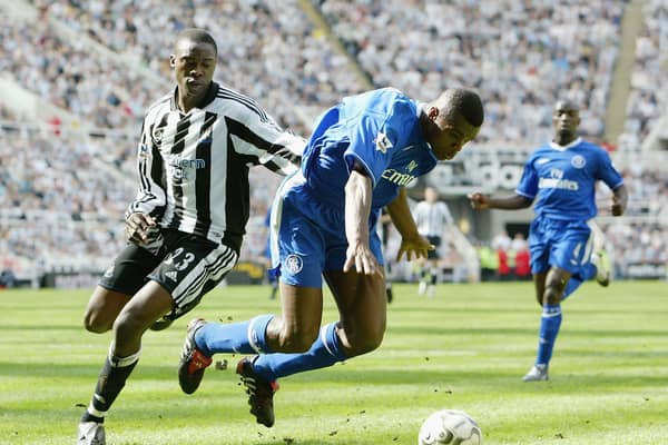 Shola Ameobi challenges Marcel Desailly at St James’ Park (Image: Getty Images)