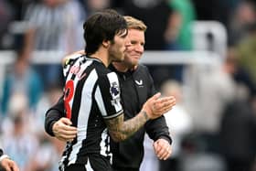 Sandro Tonali and Eddie Howe, Manager of Newcastle United, celebrate after the team's victory in the Premier League match between Newcastle United and Aston Villa at St. James Park on August 12, 2023 in Newcastle upon Tyne, England. (Photo by Stu Forster/Getty Images)