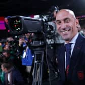  President of the Royal Spanish Football Federation Luis Rubiales (C) reacts at the end of the Australia and New Zealand 2023 Women’s World Cup final football match between Spain and England at Stadium Australia in Sydney on August 20.