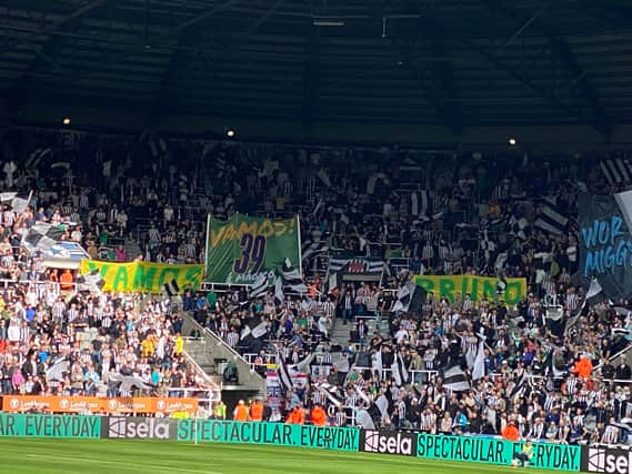 Newcastle United fans show their support for midfielder Bruno Guimaraes. 