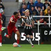 Anthony Gordon of Newcastle United vies with Trent Alexander-Arnold of Liverpool during the Premier League match between Newcastle United and Liverpool FC at St. James Park on August 27, 2023 in Newcastle upon Tyne, England. (Photo by Ian MacNicol/Getty Images)