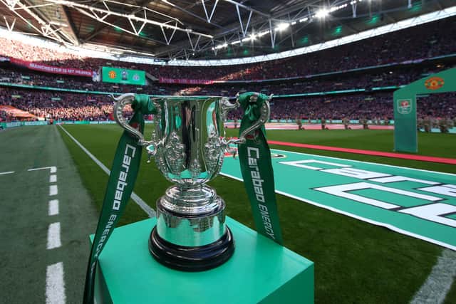 A general view of the trophy ahead of the Carabao Cup Final match between Manchester United and Newcastle United at Wembley Stadium on February 26, 2023 in London, England. (Photo by Matthew Peters/Manchester United via Getty Images)