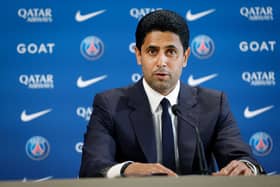 Paris Saint Germain’s Qatari president Nasser al-Khelaifi speaks during a press conference to announce the presentation of the new coach, at the new ‘campus’ of French L1 Paris Saint-Germain (PSG) football club at Poissy, west of Paris on July 5, 2023. Former Barcelona and Spain coach Luis Enrique has been appointed as the new coach of Paris Saint-Germain on a two-year deal, the French champions announced on July 5, 2023. (Photo by Geoffroy VAN DER HASSELT / AFP) 