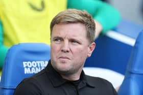 Eddie Howe, Manager of Newcastle United, looks on prior to the Premier League match between Brighton & Hove Albion and Newcastle United at American Express Community Stadium on September 02, 2023 in Brighton, England. 