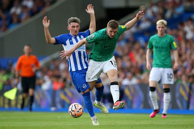 Billy Gilmour of Brighton & Hove Albion clashes with Matt Targett of Newcastle United during the Premier League match between Brighton & Hove Albion and Newcastle United at American Express Community Stadium on September 02, 2023 in Brighton, England. 