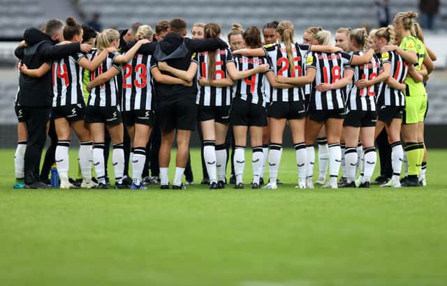 Newcastle United players huddle following the pre-season friendly match between Newcastle United Women and West Bromwich Albion Women at St James' Park on August 05, 2023 in Newcastle upon Tyne, England. (Photo by George Wood/Getty Images)