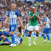 Joelinton of Newcastle United reacts after missing a chance during the Premier League match between Brighton & Hove Albion and Newcastle United at American Express Community Stadium on September 02, 2023 in Brighton, England. (Photo by Steve Bardens/Getty Images)