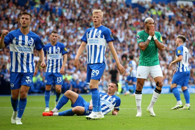 Joelinton of Newcastle United reacts after missing a chance during the Premier League match between Brighton & Hove Albion and Newcastle United at American Express Community Stadium on September 02, 2023 in Brighton, England. (Photo by Steve Bardens/Getty Images)