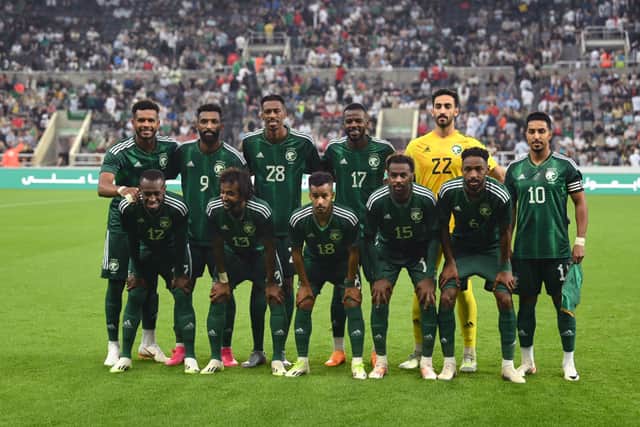 The Saudi Arabia team group prior to the International Friendly match between Saudi Arabia and  Costa Rica at St James' Park on September 08, 2023 in Newcastle upon Tyne, England. (Photo by Stu Forster/Getty Images)