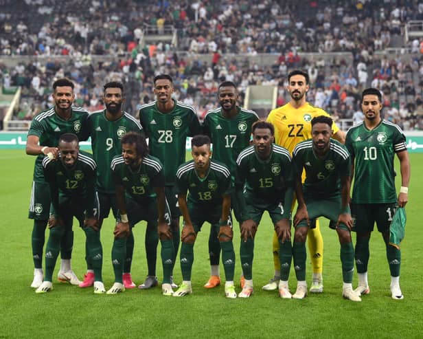 The Saudi Arabia team group prior to the International Friendly match between Saudi Arabia and  Costa Rica at St James' Park on September 08, 2023 in Newcastle upon Tyne, England. (Photo by Stu Forster/Getty Images)