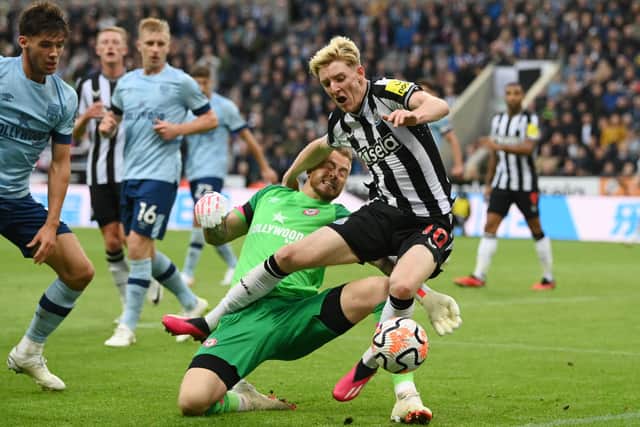 Anthony Gordon of Newcastle United is fouled by Mark Flekken of Brentford leading to a penalty decision during the Premier League match between Newcastle United and Brentford FC at St. James Park on September 16, 2023 in Newcastle upon Tyne, England.