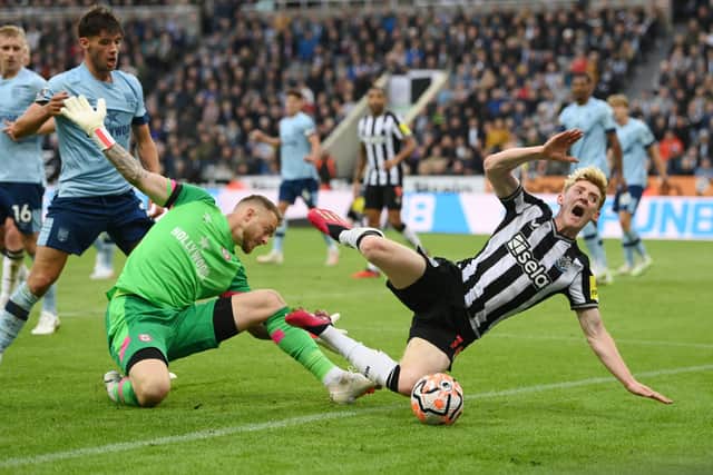 Anthony Gordon of Newcastle United is fouled by Mark Flekken of Brentford leading to a penalty decision during the Premier League match between Newcastle United and Brentford FC at St. James Park on September 16, 2023 in Newcastle upon Tyne, England. (Photo by Stu Forster/Getty Images)
