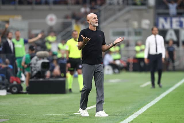 Stefano Pioli, Head Coach of AC Milan, reacts during the Serie A TIM match between FC Internazionale and AC Milan at Stadio Giuseppe Meazza on September 16, 2023 in Milan, Italy. (Photo by Marco Luzzani/Getty Images)