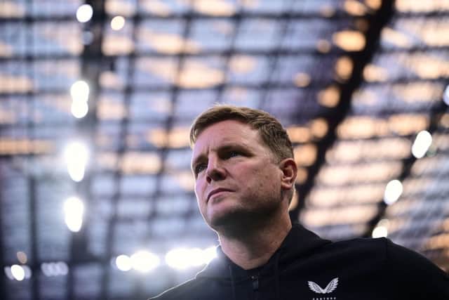 Newcastle United’s English head coach Eddie Howe looks on before the UEFA Champions League 1st round group F football match between AC Milan and Newcastle at the San Siro stadium in Milan on September 19, 2023. (Photo by Marco BERTORELLO / AFP) (Photo by MARCO BERTORELLO/AFP via Getty Images)