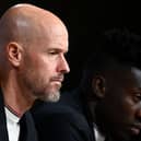 Manchester United manager Erik ten Hag and goalkeeper Andre Onana.  (Photo by TOBIAS SCHWARZ/AFP via Getty Images)