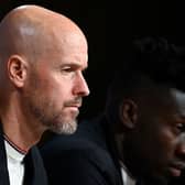Manchester United manager Erik ten Hag and goalkeeper Andre Onana.  (Photo by TOBIAS SCHWARZ/AFP via Getty Images)