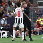 Sandro Tonali of Newcastle United embraces his coach Eddie Howe being substituted during the UEFA Champions League match between AC Mila and Newcastle United FC at Stadio Giuseppe Meazza on September 19, 2023 in Milan, Italy. (Photo by Marco Luzzani/Getty Images)