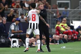 Sandro Tonali of Newcastle United embraces his coach Eddie Howe being substituted during the UEFA Champions League match between AC Mila and Newcastle United FC at Stadio Giuseppe Meazza on September 19, 2023 in Milan, Italy. (Photo by Marco Luzzani/Getty Images)