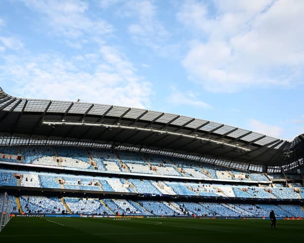 A general view inside the stadium prior to the UEFA Champions League Semi Final Leg One match between Manchester City and Real Madrid at Etihad Stadium on April 26, 2022 in Manchester, England. (Photo by David Ramos/Getty Images)