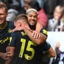 Joelinton of Newcastle celebrates after scoring the third goal during the pre-season friendly match between Newcastle United and Villarreal CF at St James' Park on August 06, 2023 in Newcastle upon Tyne, England. (Photo by Stu Forster/Getty Images)