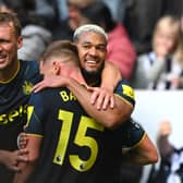 Joelinton of Newcastle celebrates after scoring the third goal during the pre-season friendly match between Newcastle United and Villarreal CF at St James' Park on August 06, 2023 in Newcastle upon Tyne, England. (Photo by Stu Forster/Getty Images)