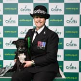 PC Claire Todd with Stella, a Staffordshire Bull Terrier who won Hero Dog of the Year today (Sunday 12.03.23), the last day of Crufts 2023, at the NEC Birmingham. (BeatMedia)