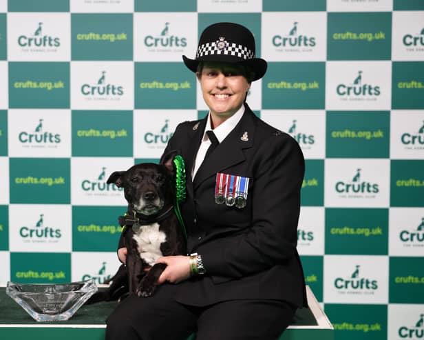 PC Claire Todd with Stella, a Staffordshire Bull Terrier who won Hero Dog of the Year today (Sunday 12.03.23), the last day of Crufts 2023, at the NEC Birmingham. (BeatMedia)