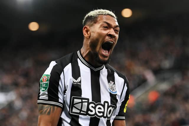 Joelinton of Newcastle United celebrates after Alexander Isak (not pictured) scores the team’s first goal during the Carabao Cup Third Round match between Newcastle United and Manchester Cityat St James’ Park on September 27, 2023 in Newcastle upon Tyne, England. 