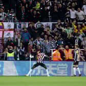 Alexander Isak of Newcastle United celebrates after scoring the team’s first goal during the Carabao Cup Third Round match between Newcastle United and Manchester Cityat St James’ Park on September 27, 2023 in Newcastle upon Tyne, England. 