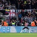 Alexander Isak of Newcastle United celebrates after scoring the team’s first goal during the Carabao Cup Third Round match between Newcastle United and Manchester Cityat St James’ Park on September 27, 2023 in Newcastle upon Tyne, England. 