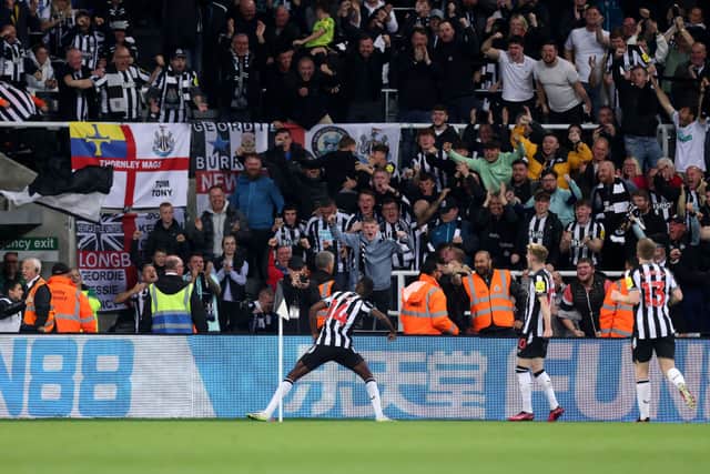 Alexander Isak of Newcastle United celebrates after scoring the team’s first goal during the Carabao Cup Third Round match between Newcastle United and Manchester Cityat St James’ Park on September 27, 2023 in Newcastle upon Tyne, England. 