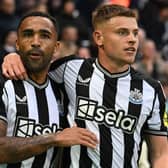 Newcastle United’s English striker #09 Callum Wilson (L) and Newcastle United’s English midfielder #15 Harvey Barnes react after Wilson’s goal was disallowed, during the English Premier League football match between Newcastle United and Brentford at St James’ Park in Newcastle-upon-Tyne, north east England on September 16, 2023. (Photo by Paul ELLIS / AFP) 