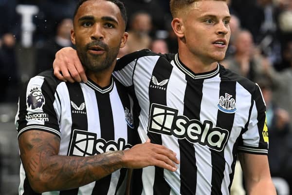 Newcastle United’s English striker #09 Callum Wilson (L) and Newcastle United’s English midfielder #15 Harvey Barnes react after Wilson’s goal was disallowed, during the English Premier League football match between Newcastle United and Brentford at St James’ Park in Newcastle-upon-Tyne, north east England on September 16, 2023. (Photo by Paul ELLIS / AFP) 
