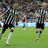 Miguel Almiron of Newcastle United celebrates after scoring the team’s first goal during the Premier League match between Newcastle United and Burnley FC at St. James Park on September 30, 2023 in Newcastle upon Tyne, England. 