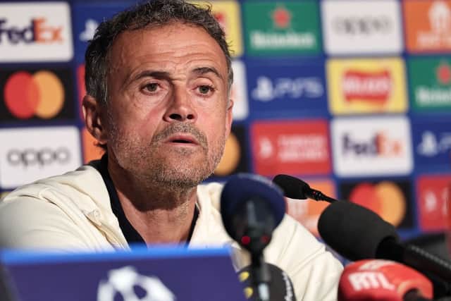 Paris Saint-Germain's Spanish head coach Luis Enrique  attends a press conference at St James's Park stadium in Newcastle-upon-Tyne, north east England on October 3, 2023, on the eve of their UEFA Champions League group F football match against Newcastle United. (Photo by FRANCK FIFE / AFP) (Photo by FRANCK FIFE/AFP via Getty Images)