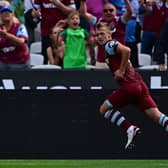 West Ham United’s English midfielder #07 James Ward-Prowse celebrates scoring the opening goal during the English Premier League football match between West Ham United and Manchester City at the London Stadium, in London on September 16, 2023. (Photo by Ben Stansall / AFP) /