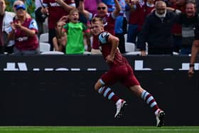 West Ham United’s English midfielder #07 James Ward-Prowse celebrates scoring the opening goal during the English Premier League football match between West Ham United and Manchester City at the London Stadium, in London on September 16, 2023. (Photo by Ben Stansall / AFP) /